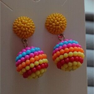 Seed Beaded Ball Drop Earrings - yellow/pink/yellowcolor combo